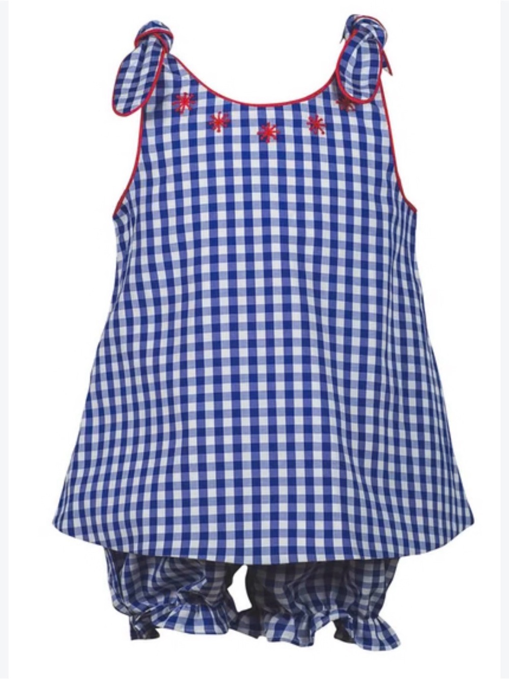 Patriotic Blue & White Gingham Tie-Shoulder Matching Set with Red Trim Accents